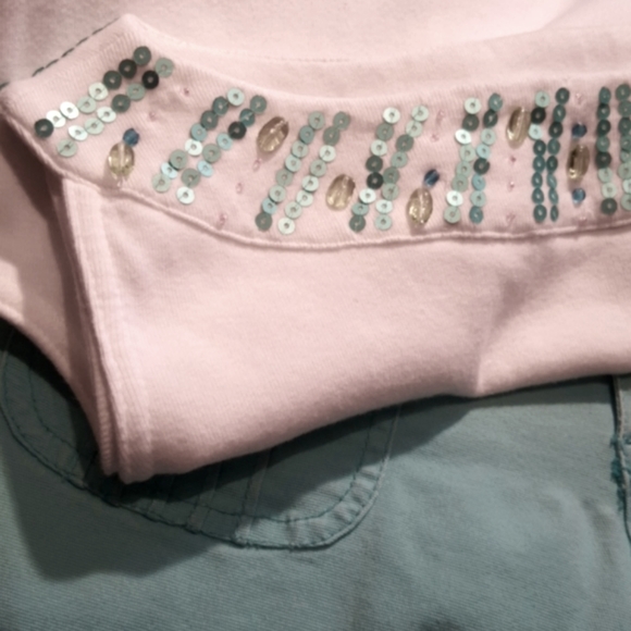 CLOTHING COVE ♡ Aqua Embellished Sequenced Bling Shoulder Line Sleeveless Top PM - Picture 13 of 14